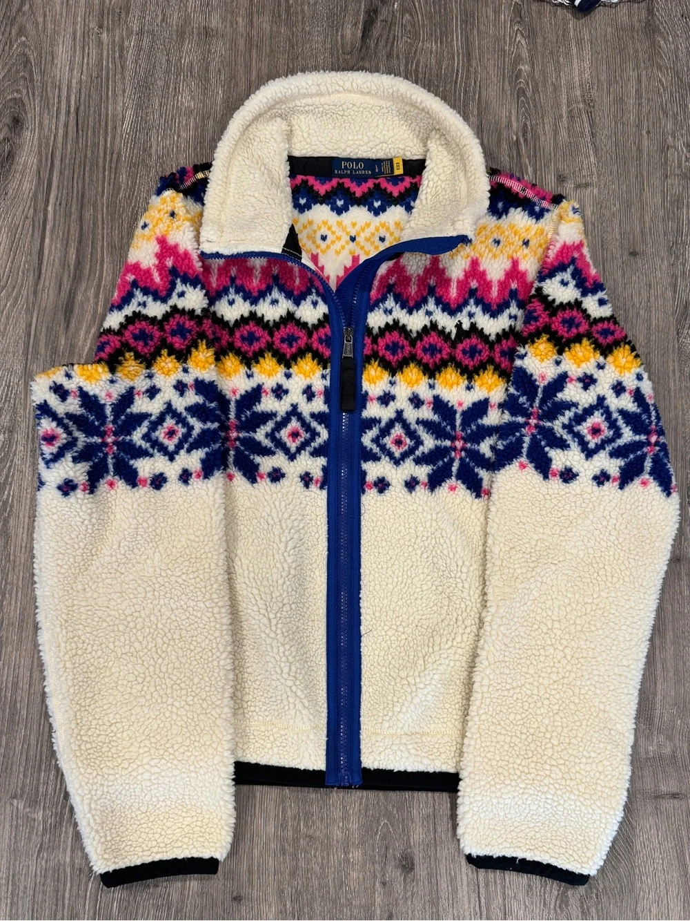 Polo Ralph Lauren Cream Sherpa Zip Jacket with Navy & Pink Fair Isle SIZE LARGE - Picture 1 of 5